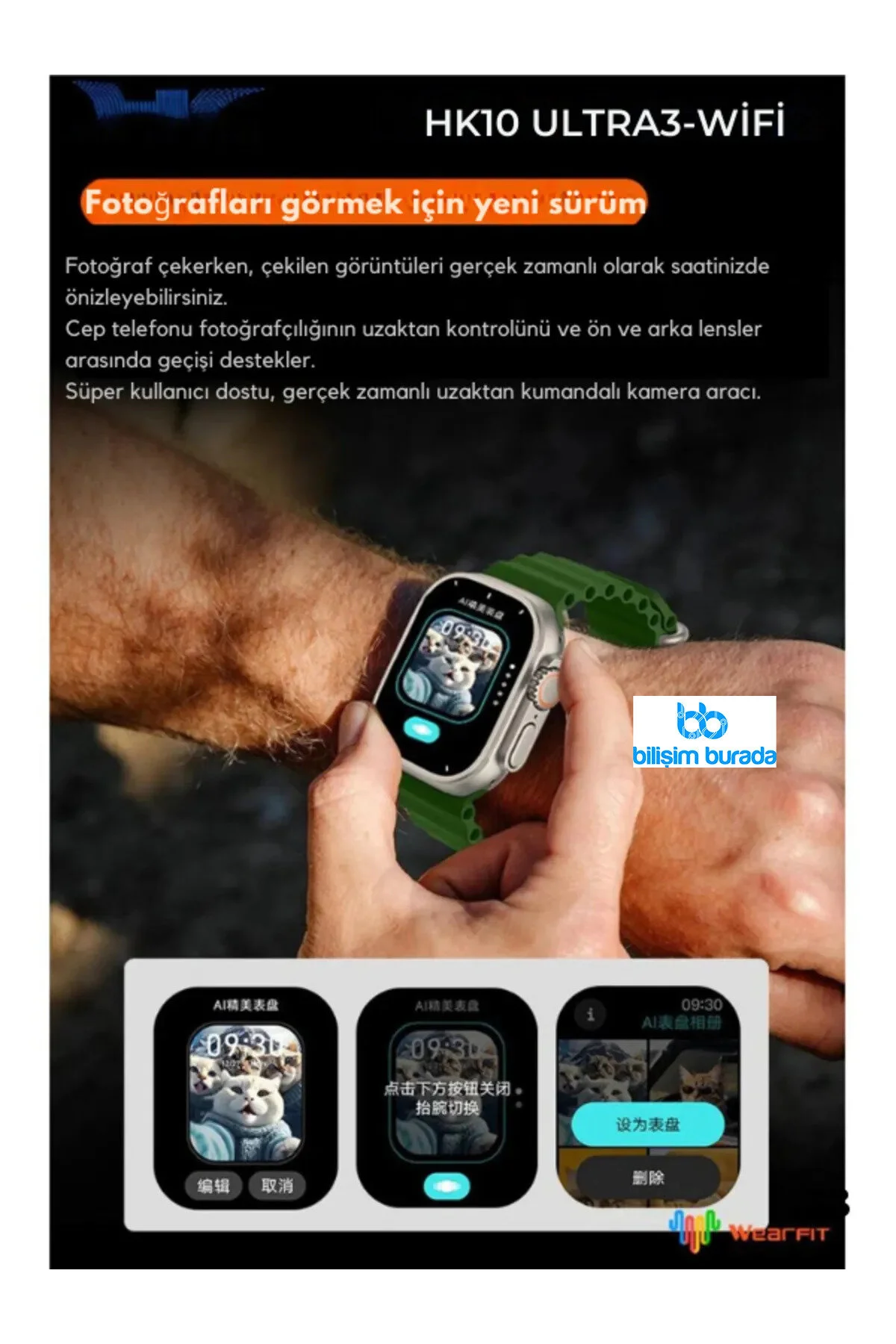  Hk10 Ultra 3 Wifi Modeli 2-02 Inç Uyumlu Amoled Ekran Akıllı Saat App Store Kordon Siyah